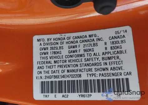 2014 Honda Civic Si из США, поврежденный, VIN 2HGFB6E54EH702208